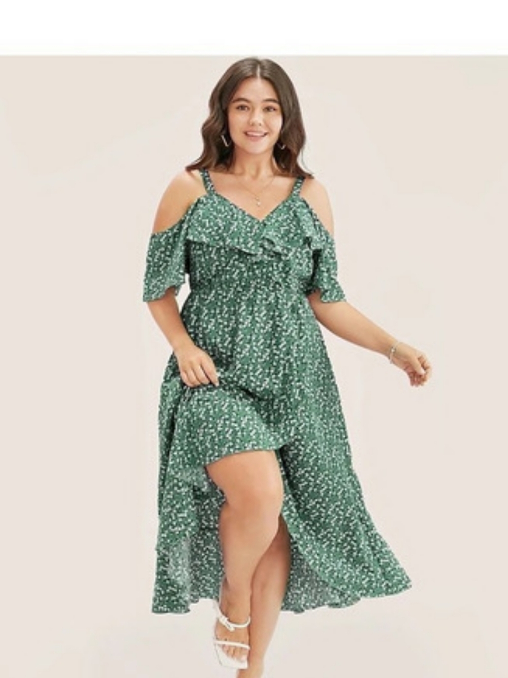 BloomChic Floral Cold Shoulder Midi Dress in Green & White Size Large Nwt